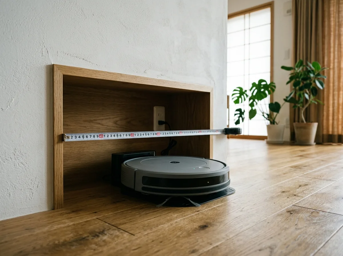 本体より広く取った造作の基地の開口に、コンベックスを渡して幅を測る