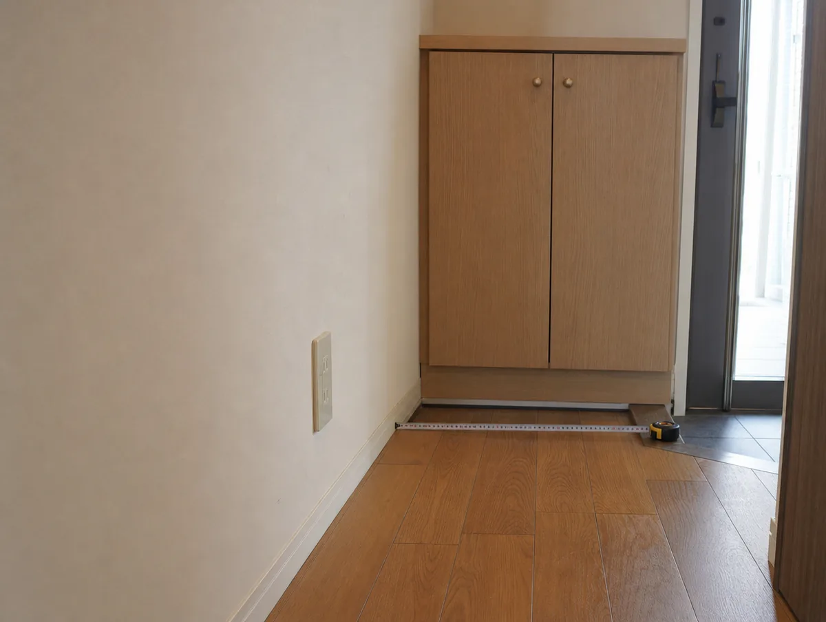 リノベーション前の玄関。靴箱の脇の空きにコンベックスを渡して幅を測る